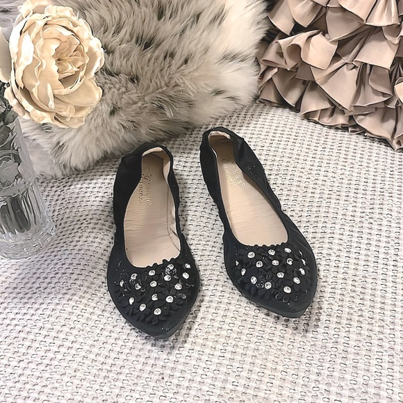 Pointy Toe Black Rhinestone Embellished Faux Leather Flat Floral Ballet Shoes - Picture 1 of 16